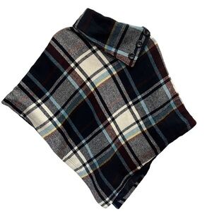 LAST KISS Navy Blue Plaid Wool Blend Cape Poncho, Size Small